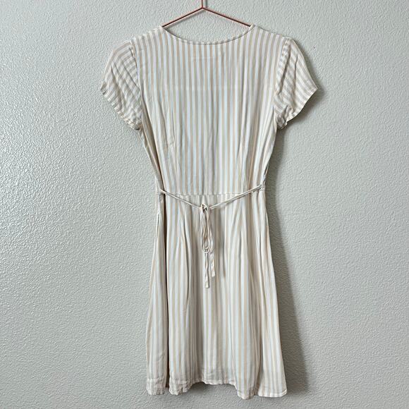 Abercrombie & Fitch vertical stripe V-neck button up tie back dress tan white - Picture 3 of 7